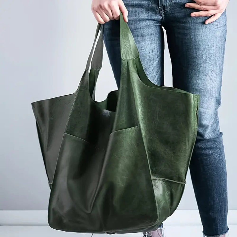 Women's Spacious Structured Vegan Leather Tote Bag in Olive
