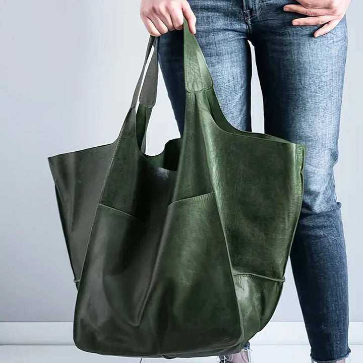 Women's Spacious Structured Vegan Leather Tote Bag in Olive