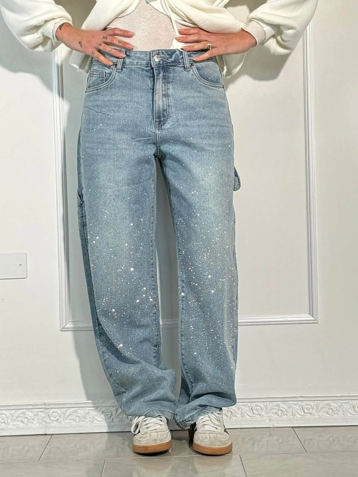 Women's Sparkling Carpenter-Style Jeans in Light Blue