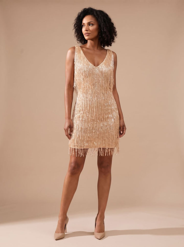 Women's Sparkly Fringe Mini Cocktail Dress in Beige