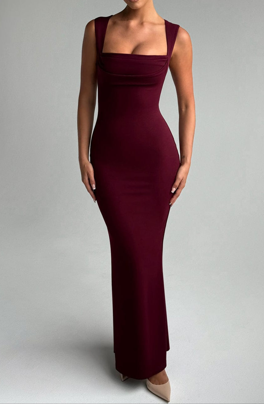 Women's Square Neck Maxi Dress for Race Day in Burgundy