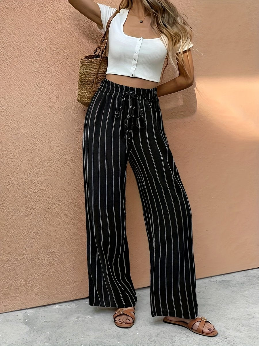 Women's Striped Linen Pants for Summer in Black