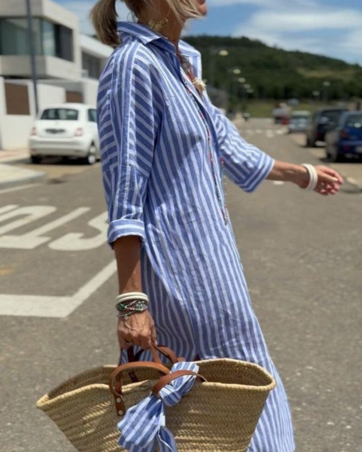 Women's Striped Summer Shirt Dress in Blue