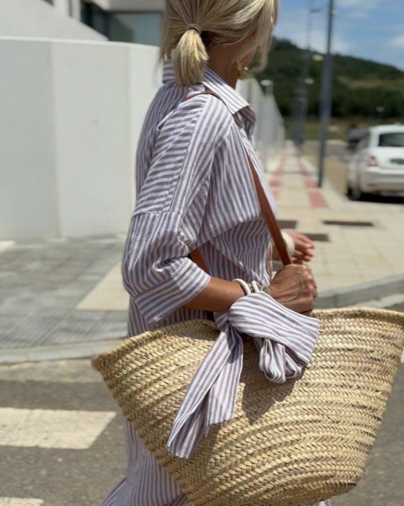 Women's Striped Summer Shirt Dress in Grey 1
