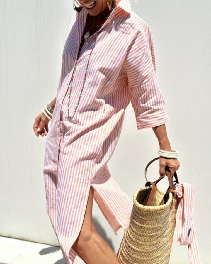 Women's Striped Summer Shirt Dress in Pink 2