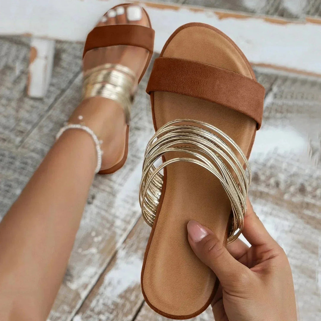 Women's Summer Flat Slip-On Sandals in Kastanienbraun