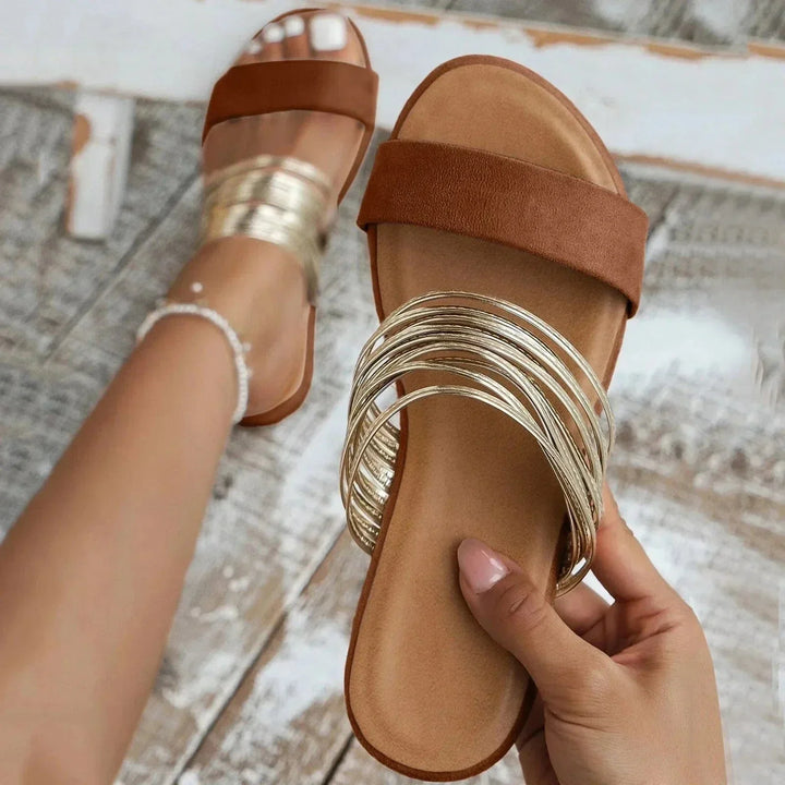 Women's Summer Flat Slip-On Sandals in Kastanienbraun