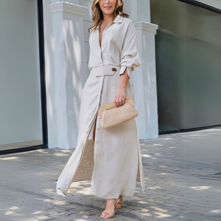 Women's Summer Wedding Guest Dress with Relaxed Fit and Belted Waist in Beige