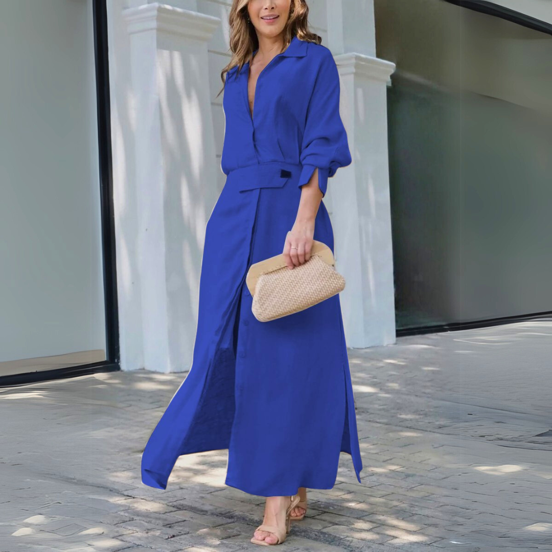 Women's Summer Wedding Guest Dress with Relaxed Fit and Belted Waist in Blue