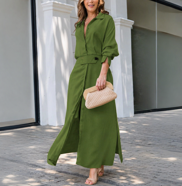 Women's Summer Wedding Guest Dress with Relaxed Fit and Belted Waist in Green