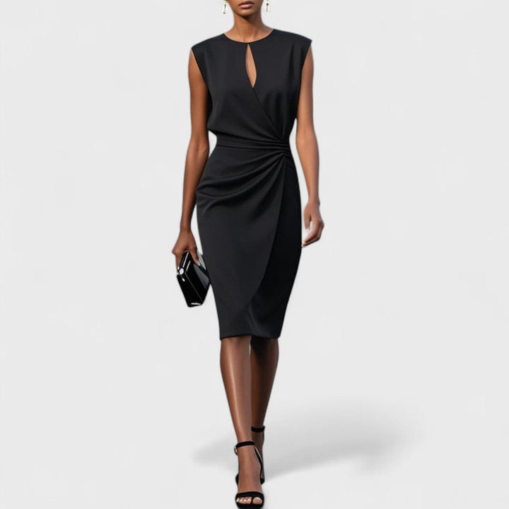 Women's Tailored Midi Wedding Guest Dress with Effortless Wrap Styling in Black