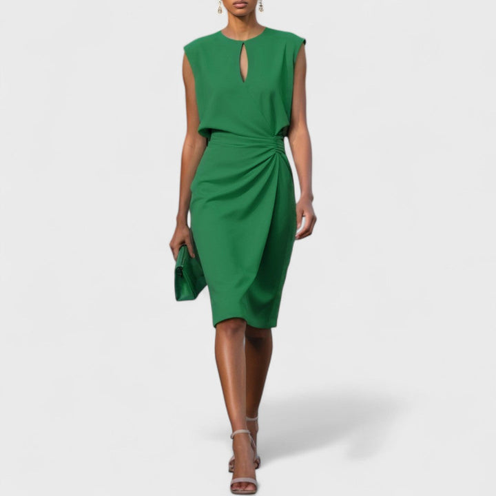 Women's Tailored Midi Wedding Guest Dress with Effortless Wrap Styling in Green