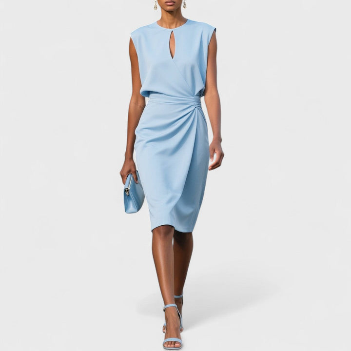 Women's Tailored Midi Wedding Guest Dress with Effortless Wrap Styling in Sky Blue