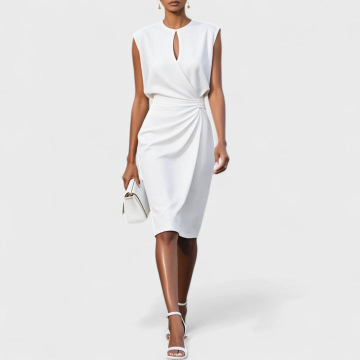 Women's Tailored Midi Wedding Guest Dress with Effortless Wrap Styling in White