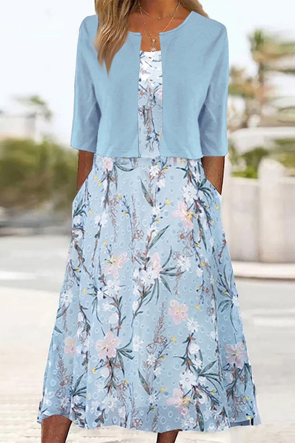 Women's Two-Piece Spring Midi Dress in Light Blue