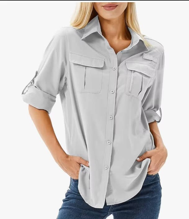 Women's UPF Safari Blouse for Outdoor Adventures in Light Grey
