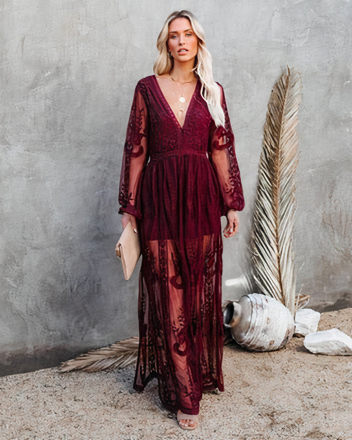 Women's V-Neck Cocktail Dress with Slit | Maxi Evening in Red