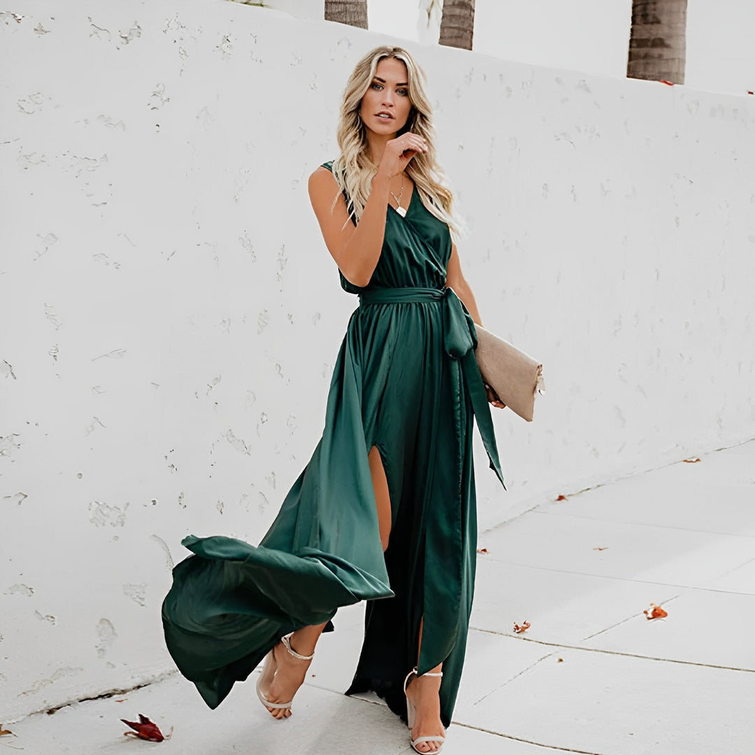 Women's V-Neckline Cocktail Dress with Tie Waist in Green