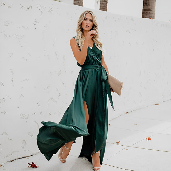Women's V-Neckline Cocktail Dress with Tie Waist in Green