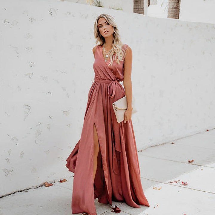 Women's V-Neckline Cocktail Dress with Tie Waist in Pink
