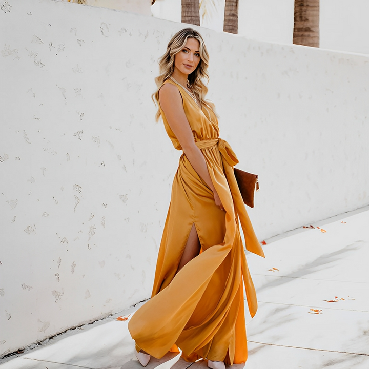 Women's V-Neckline Cocktail Dress with Tie Waist in Yellow