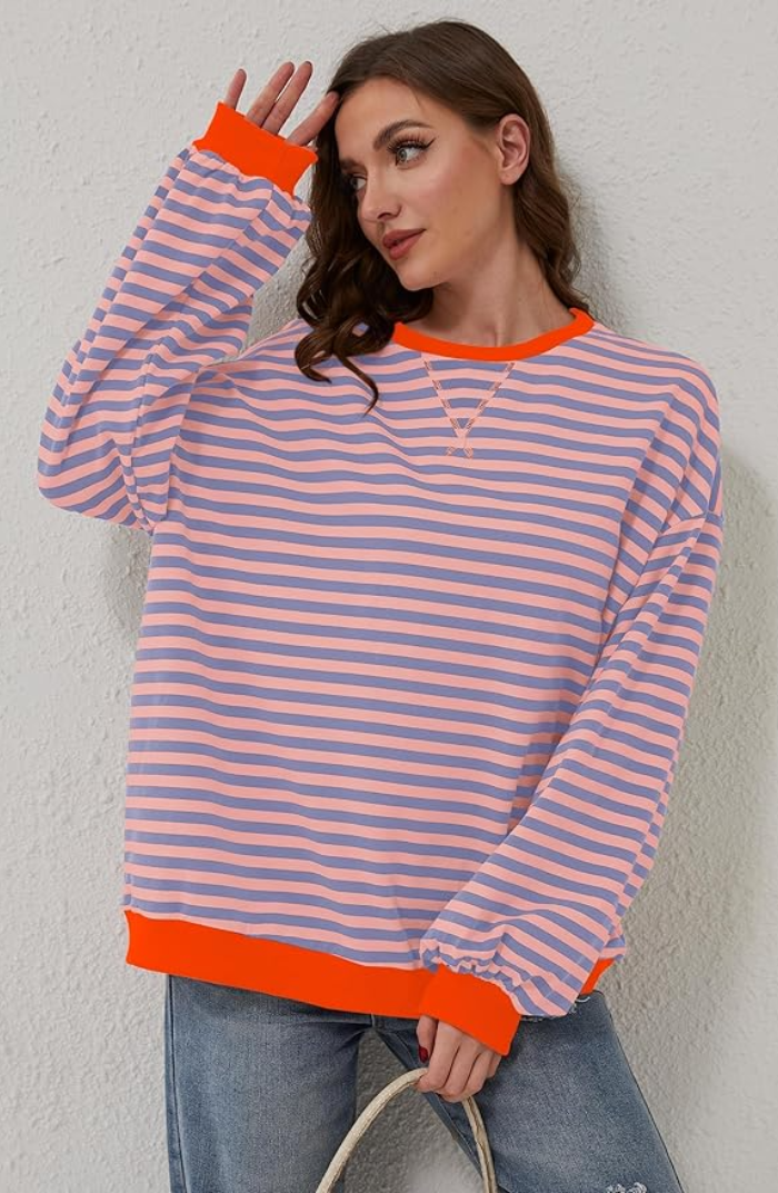 Women's Vibrant Striped Pullover in Orange & Blau