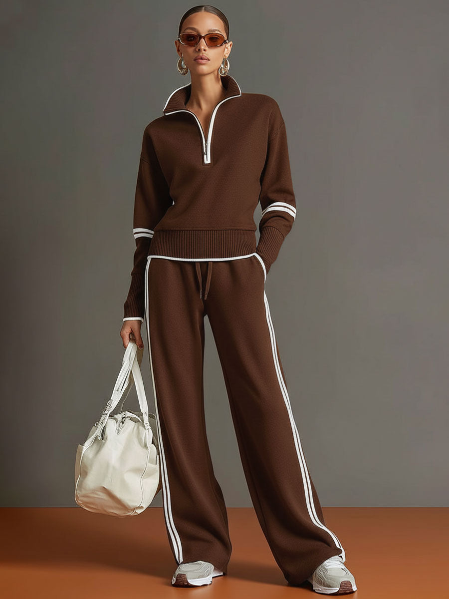 Women's Vintage-Inspired Sweatshirt and Trousers Set in Brown