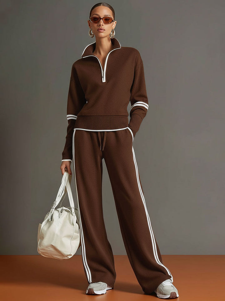 Women's Vintage-Inspired Sweatshirt and Trousers Set in Brown