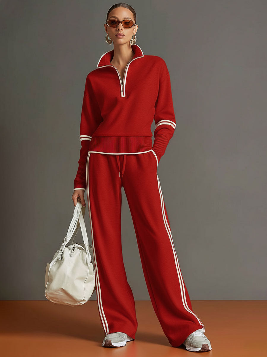 Women's Vintage-Inspired Sweatshirt and Trousers Set in Red