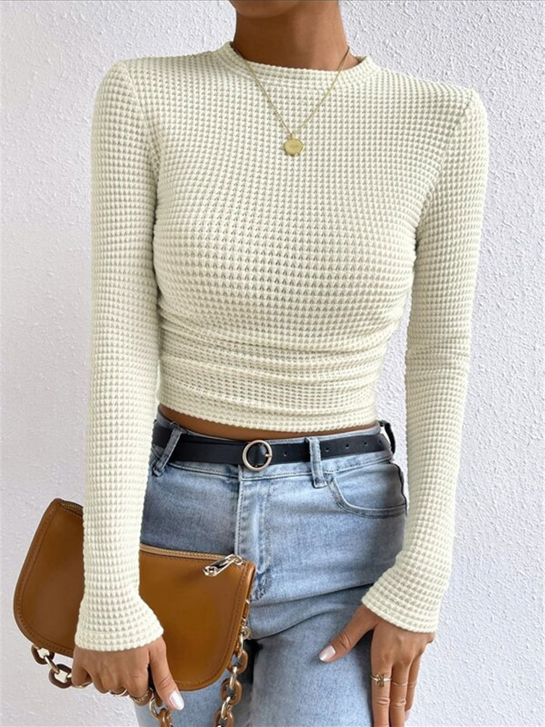Women's Waffle Knit Long Sleeve Top in Apricot