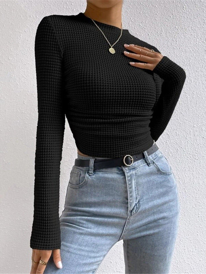 Women's Waffle Knit Long Sleeve Top in Black
