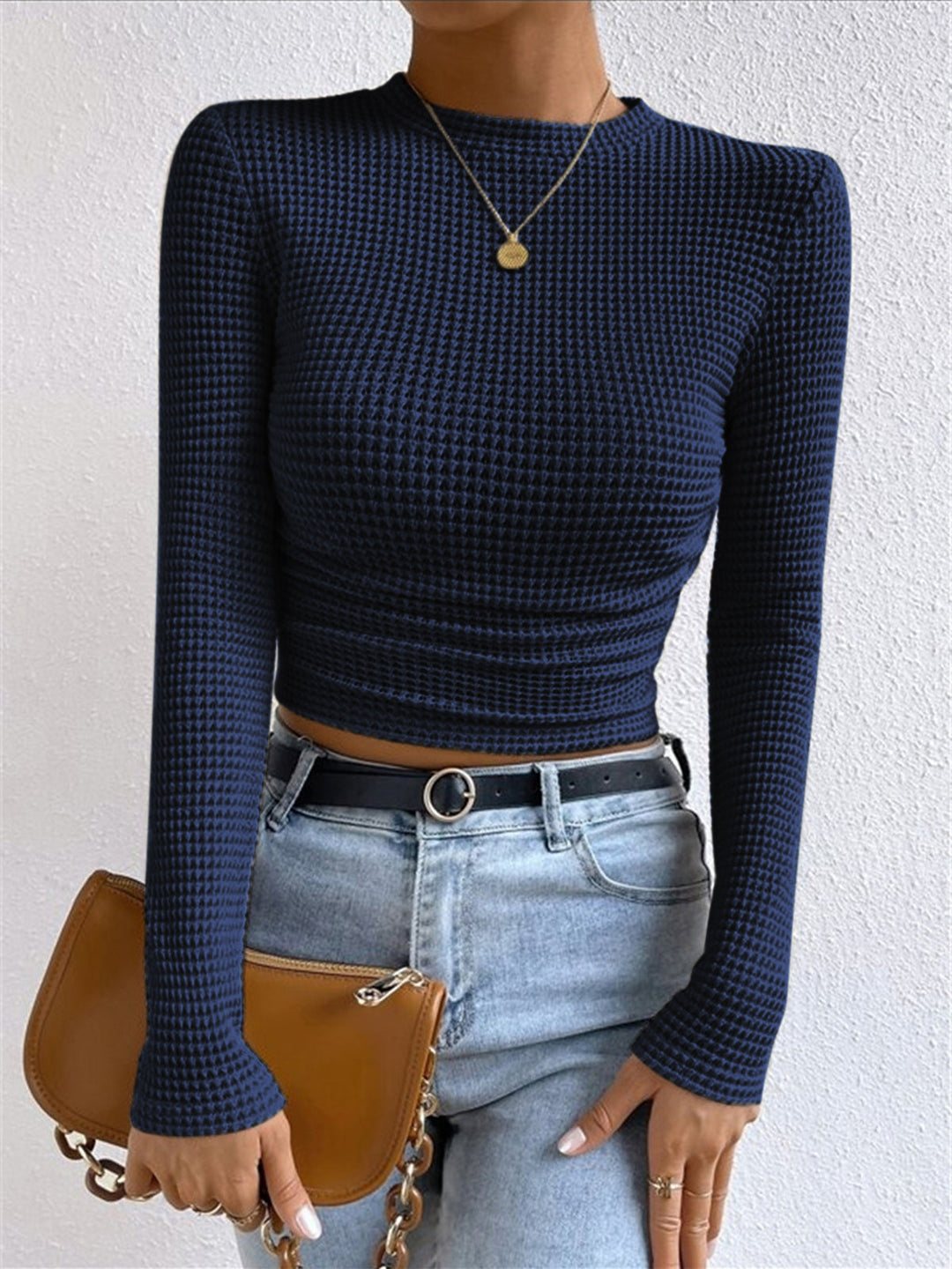 Women's Waffle Knit Long Sleeve Top in Navy
