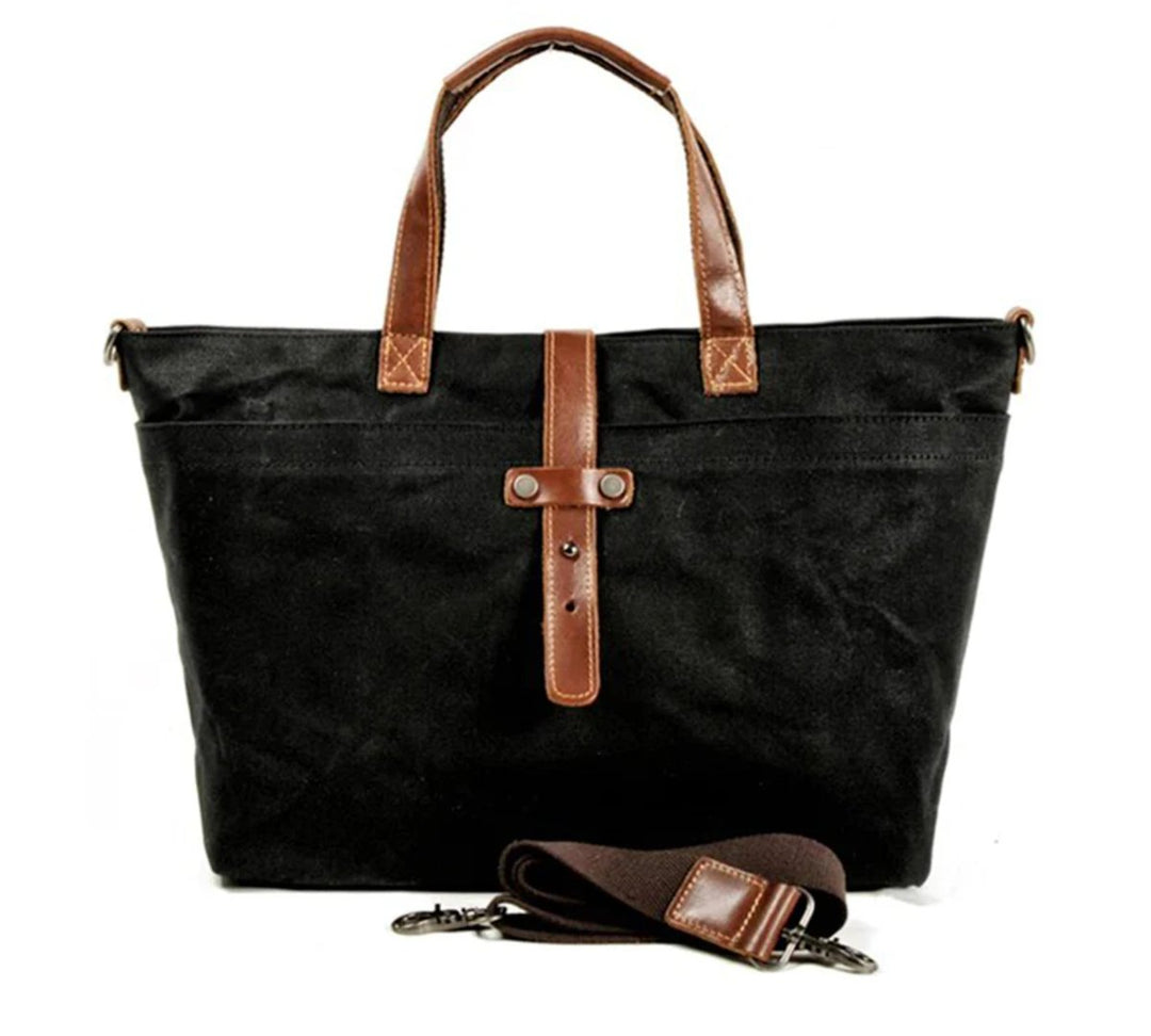 Women's Waxed Canvas Tote Bag with Leather Trim in Hard coal mine