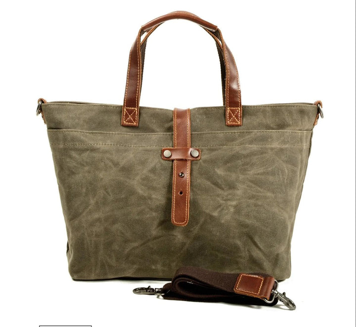 Women's Waxed Canvas Tote Bag with Leather Trim in Sage wood