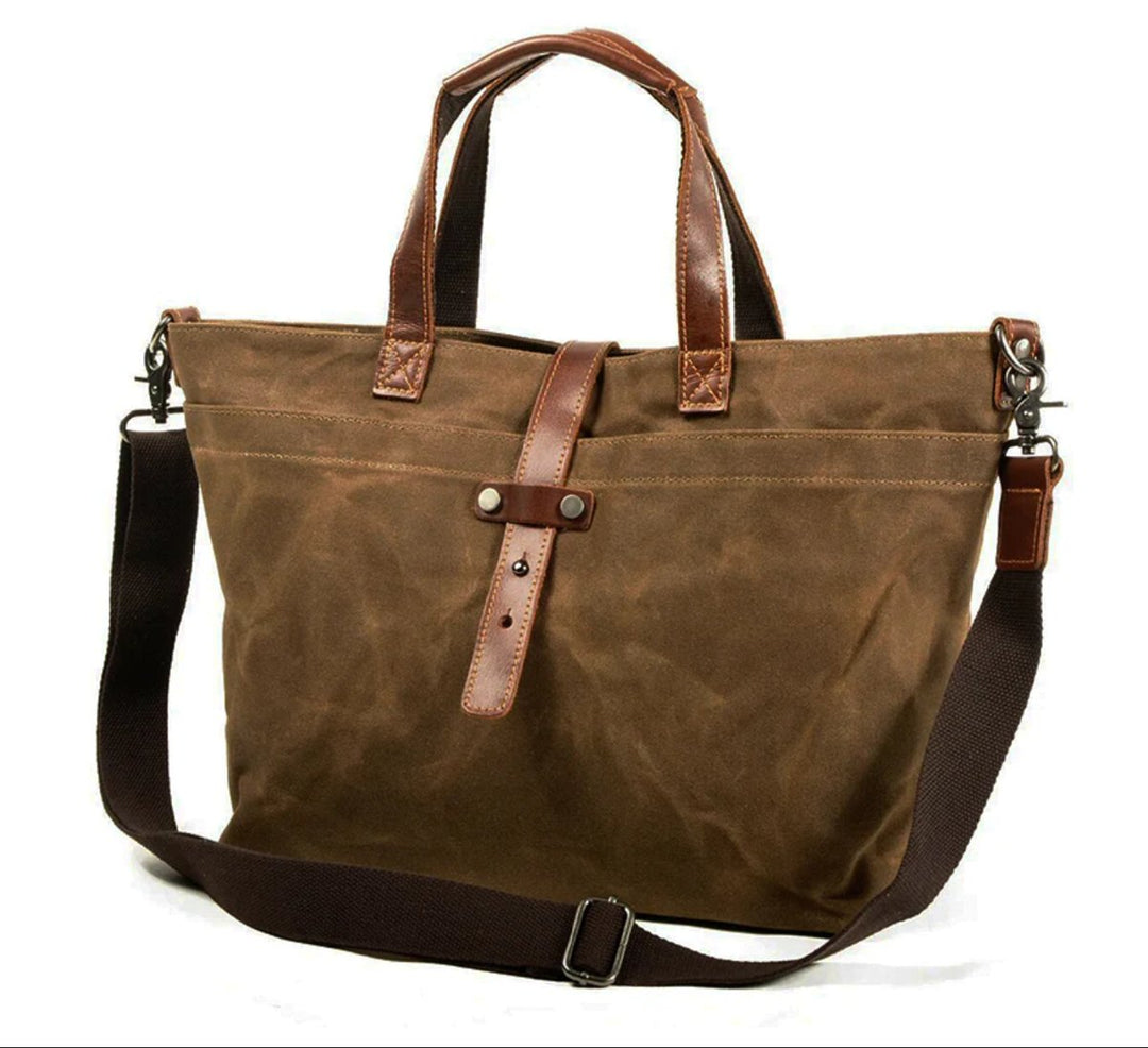 Women's Waxed Canvas Tote Bag with Leather Trim in Tobacco leaf