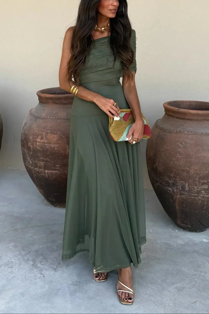 Women's Wedding Guest Maxi Dress with Elegant Draped Details in Green