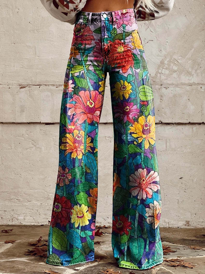 Women's Wide-Leg Boho Summer Trousers in Gänseblümchen