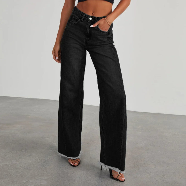 Women's Wide-Leg Jeans with Raw Hem in Black