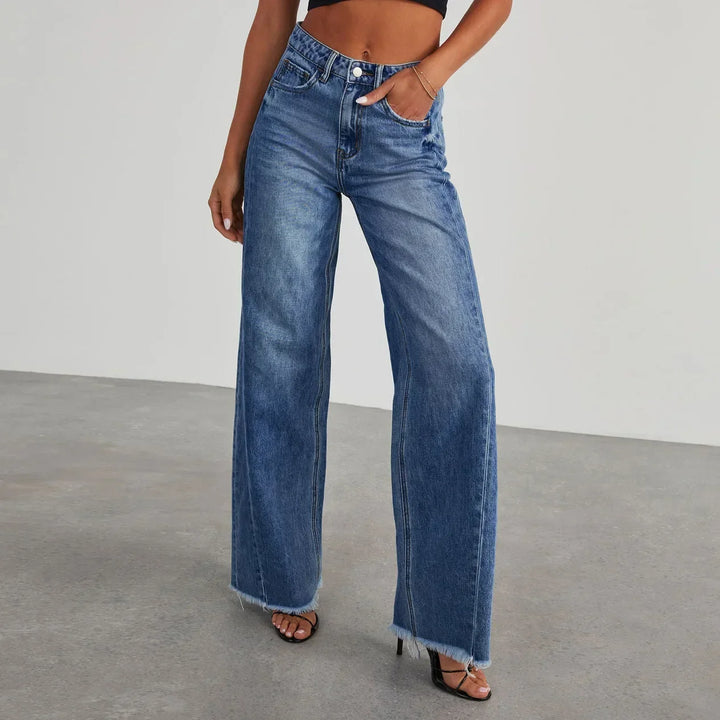 Women's Wide-Leg Jeans with Raw Hem in Dark Blue