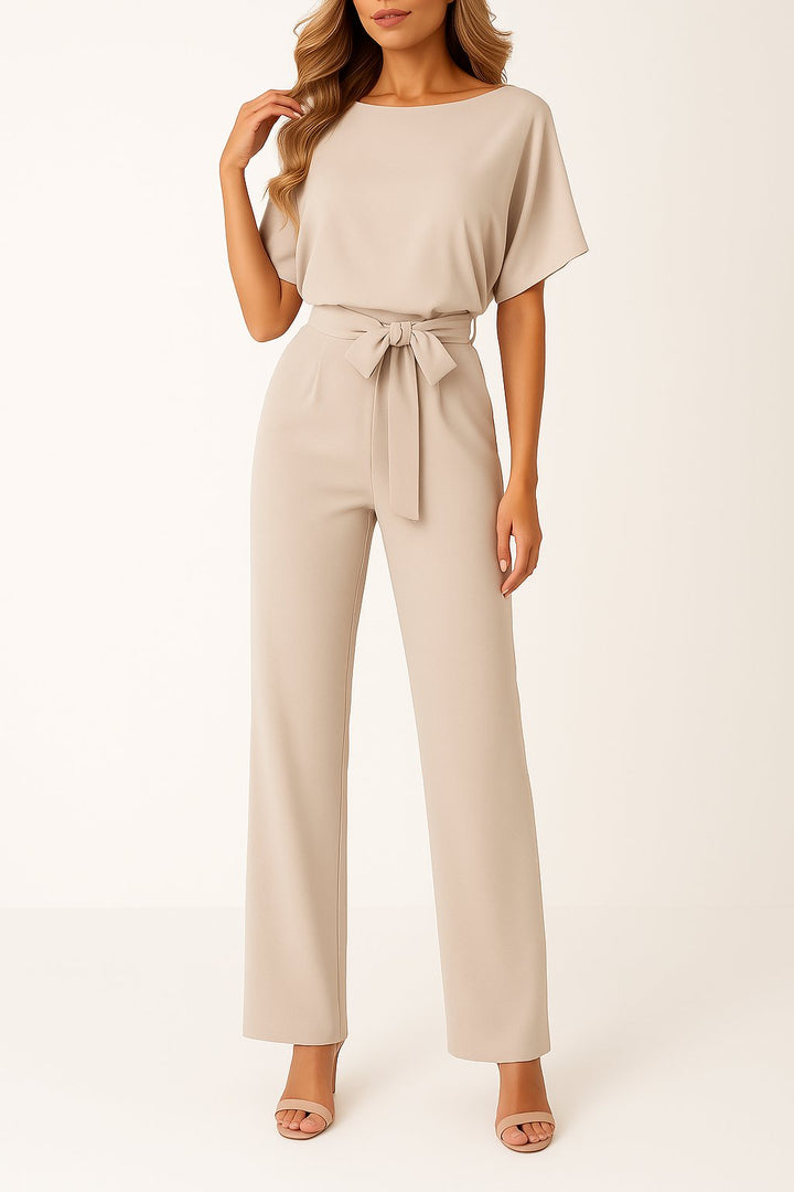 Women's Wide-Leg Tie-Waist Jumpsuit in Beige