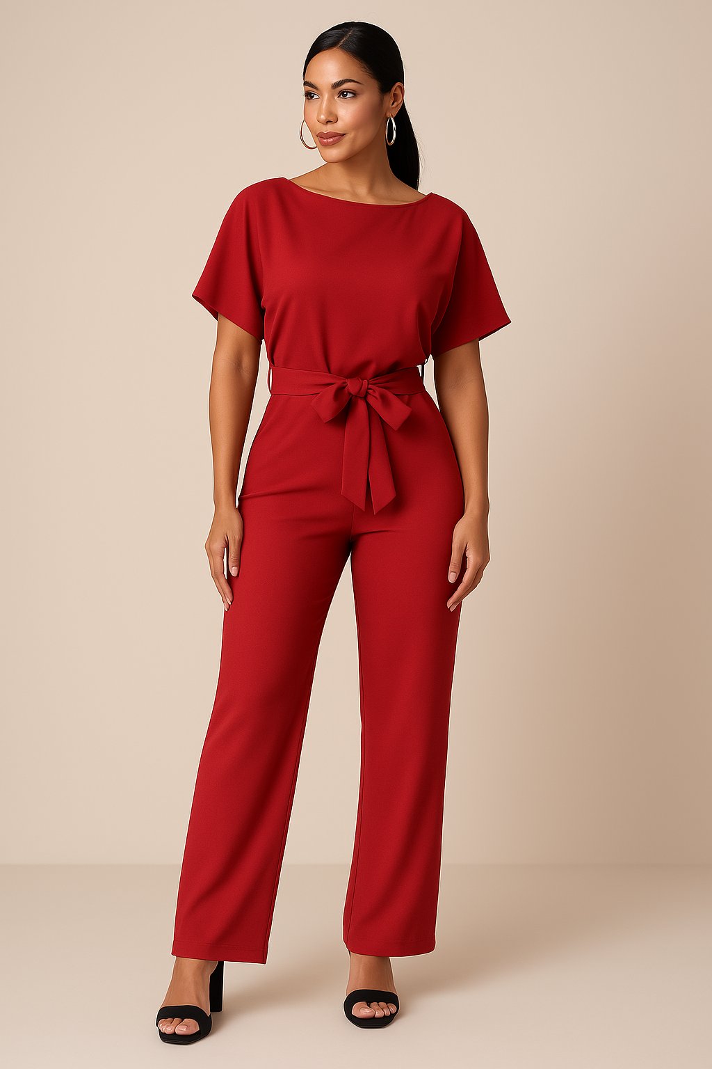 Women's Wide-Leg Tie-Waist Jumpsuit in Red