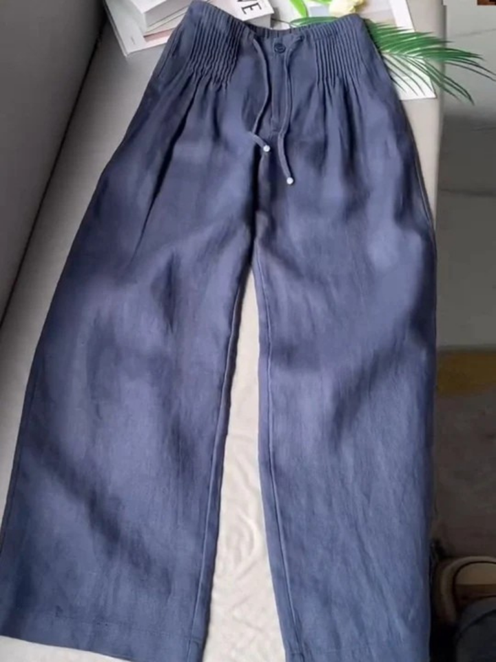 Women's Wide Pants in Cotton-Linen in Navy