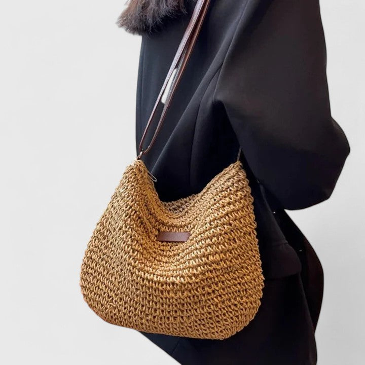 Women's Woven Structured Shoulder Bag for Summer in Khaki